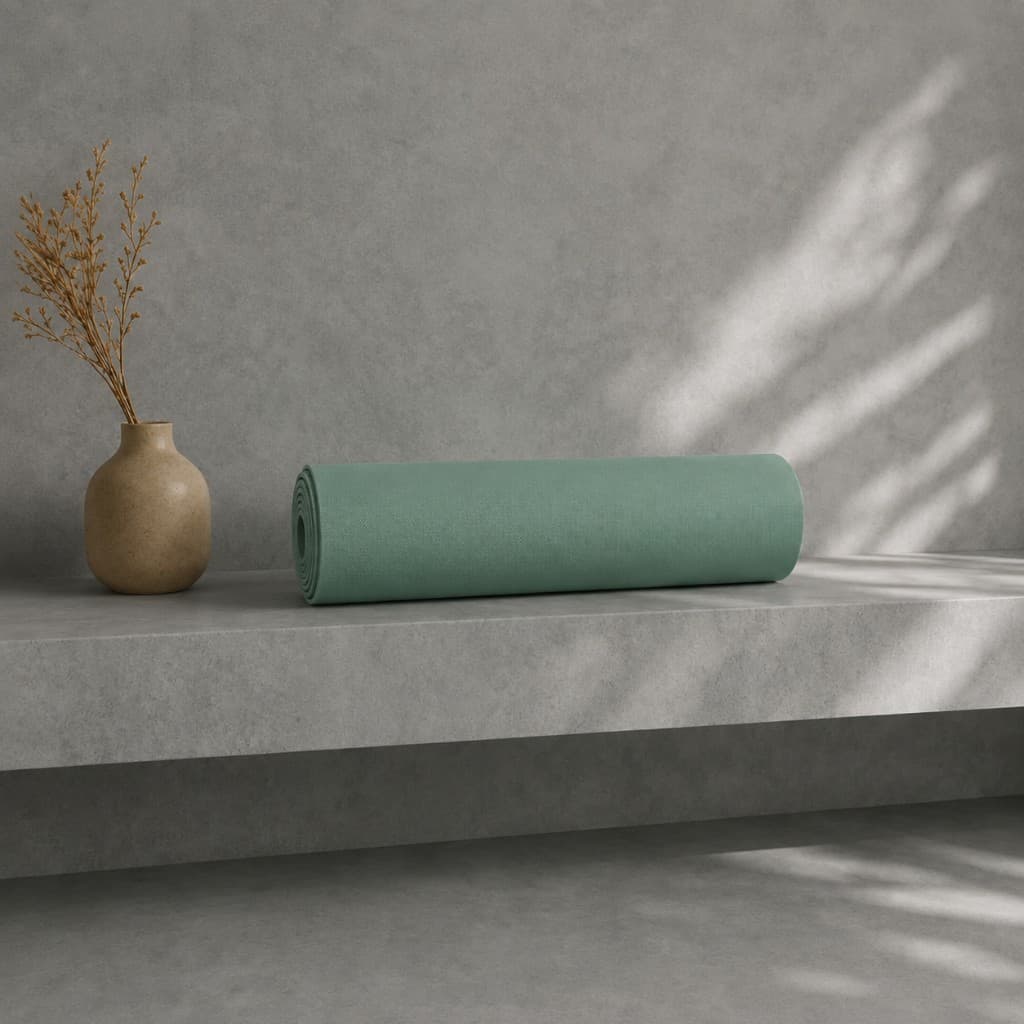 Tapis Yogaé Opaline roulé sur une tablette béton, vase et ombres végétales
