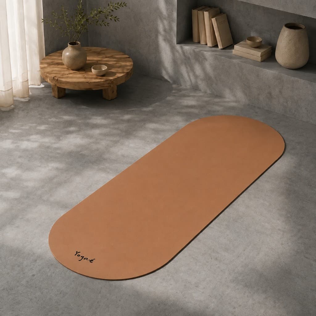 Tapis Yogaé terracotta déroulé au sol dans un intérieur minéral