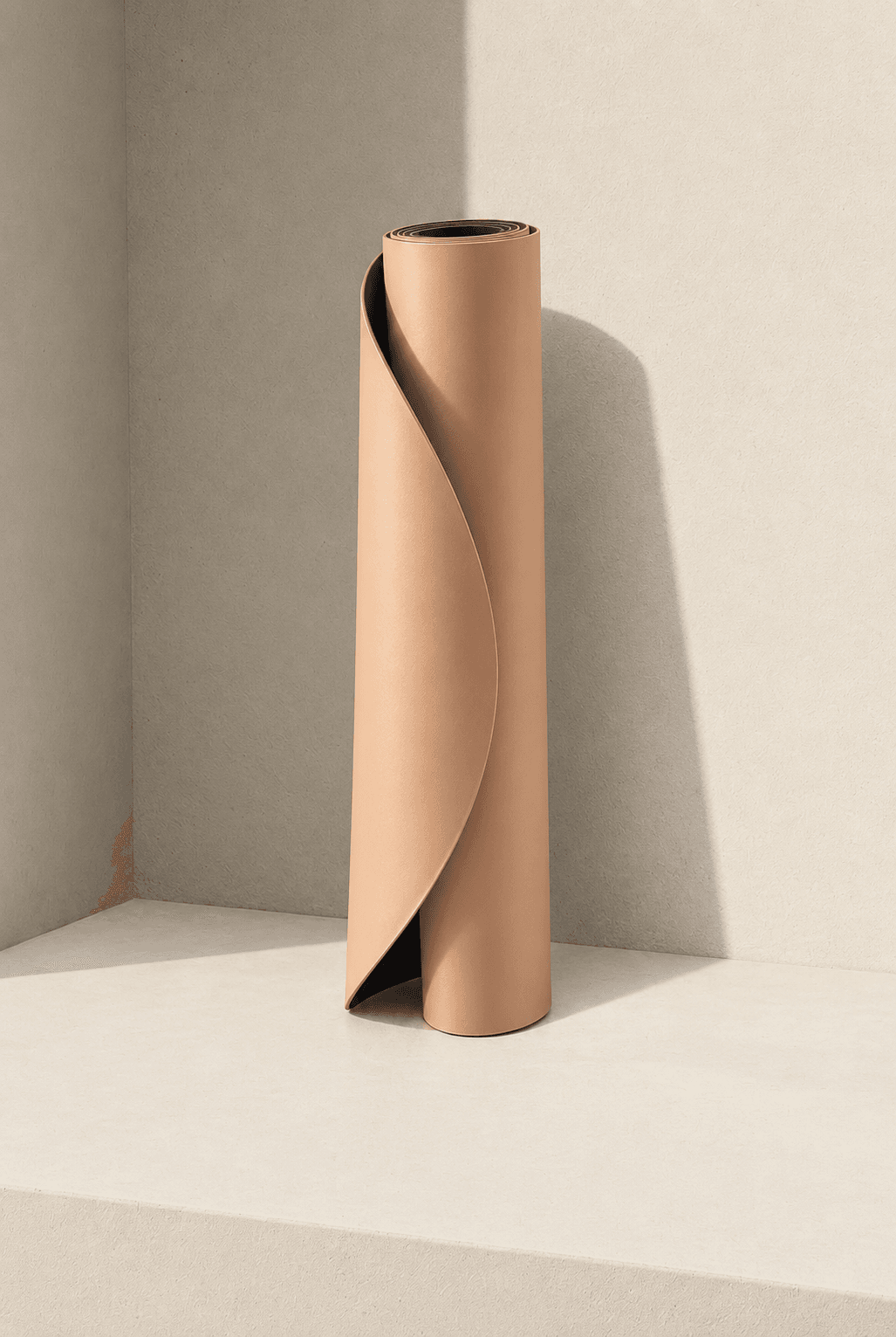 Tapis de yoga Yogaé roulé, nature morte dans un intérieur minéral