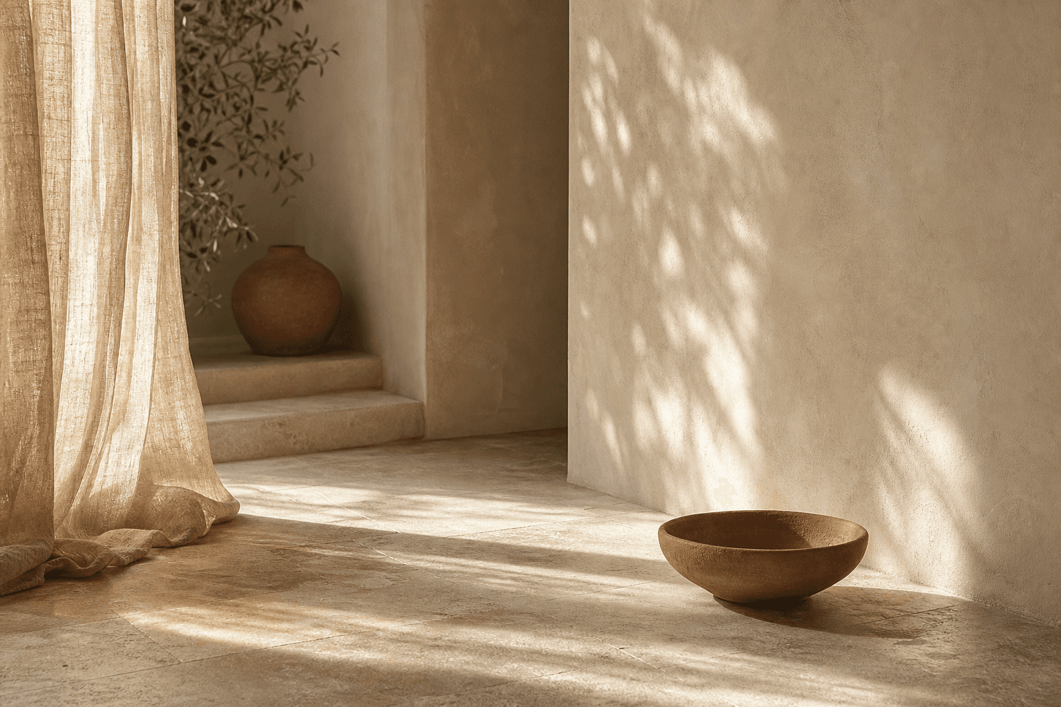 Intérieur minéral baigné de lumière — univers Yogaé