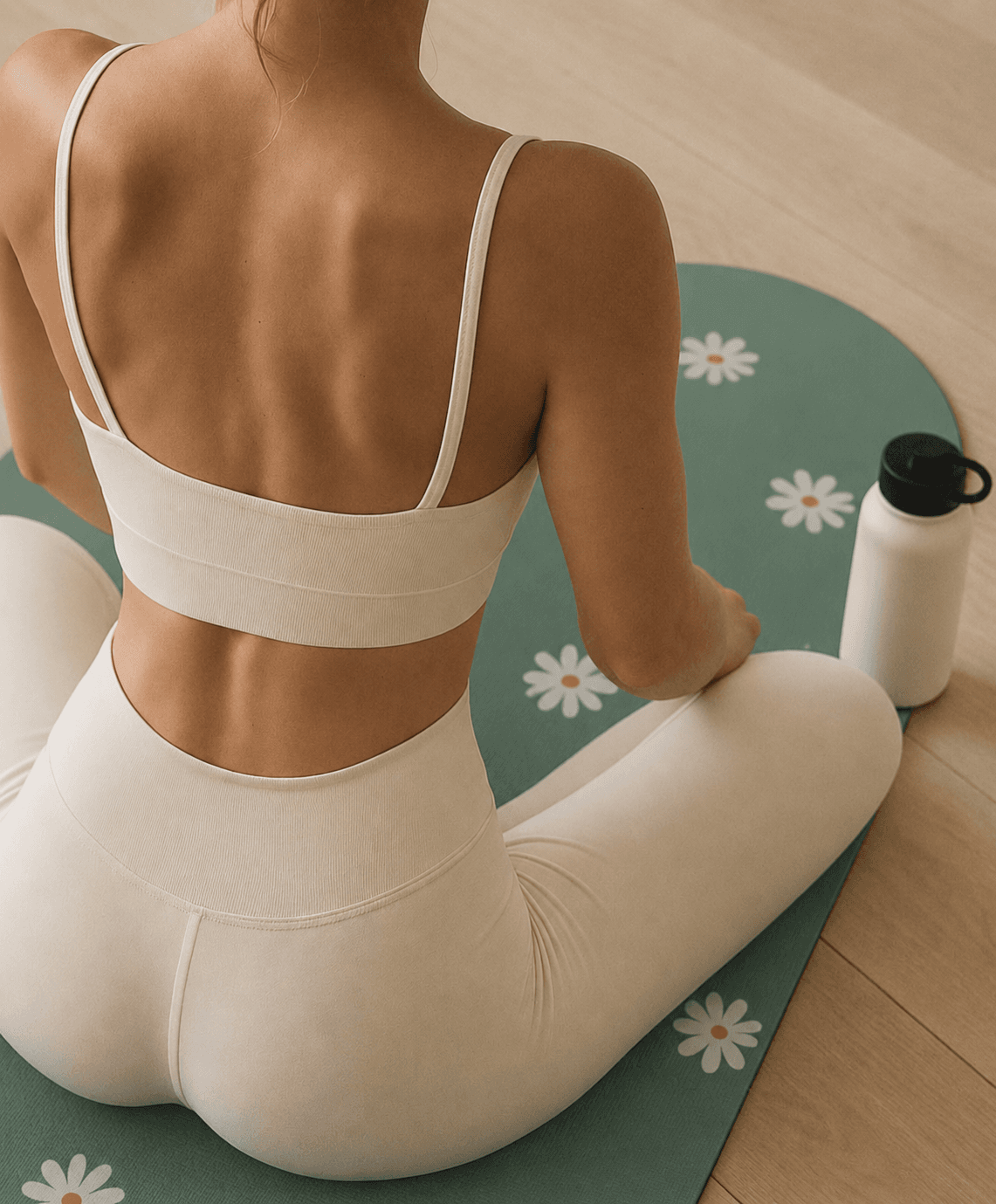 Gros plan de dos sur tapis Yogaé Opaline sauge à motif marguerites, gourde posée à côté